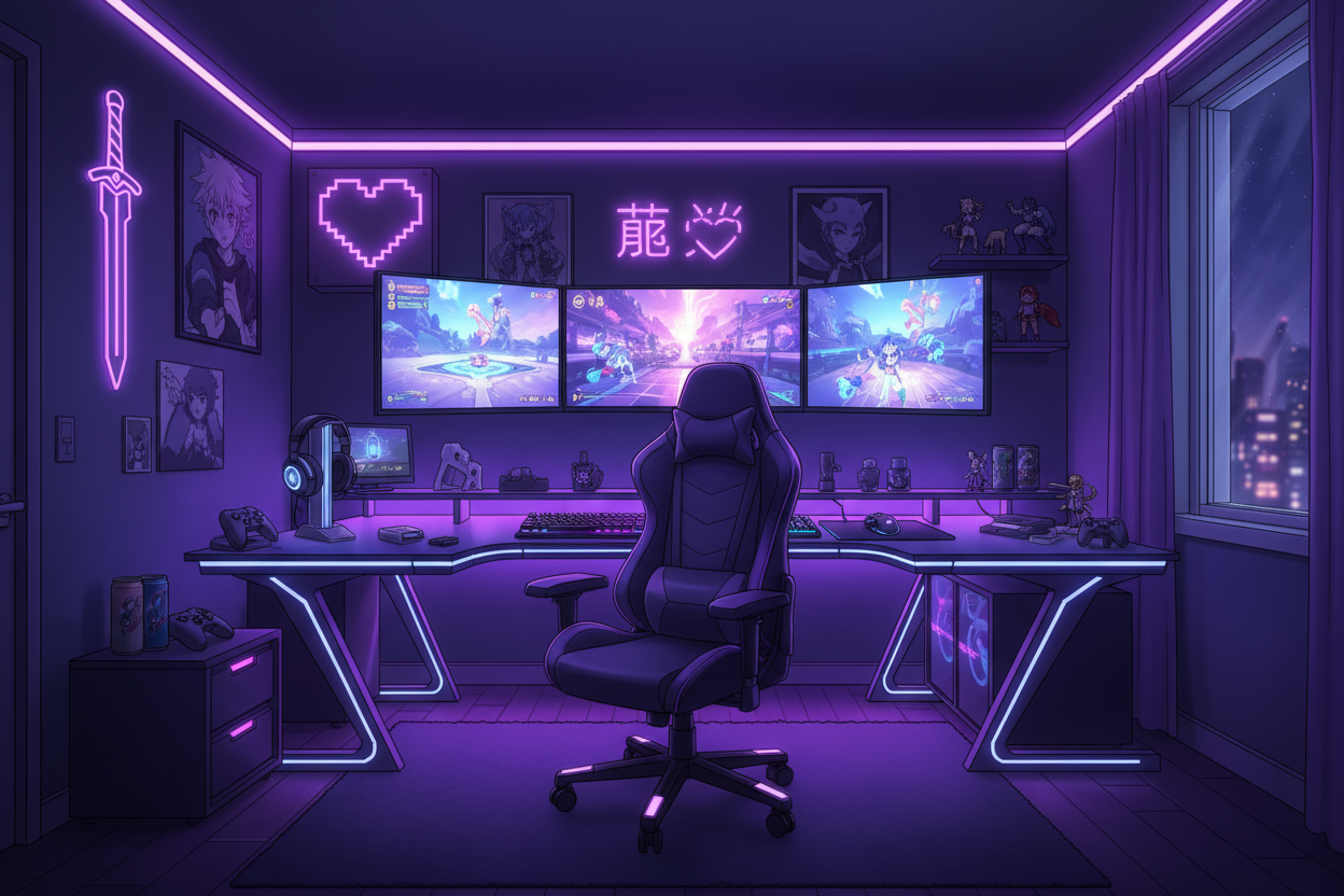une image représentant le monde du gaming (chaises, bureaux, casque, lumieres...etc) facon anime